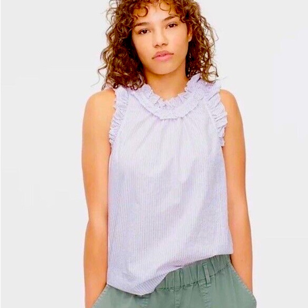 J Crew lavender striped ruffle sleeveless blouse sz L